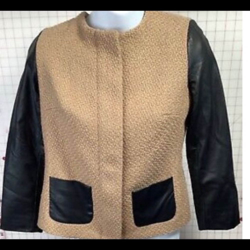 Women's Talbots Tan Zip Front Jacket With Leather Like Sleeves And Trim  Size 8